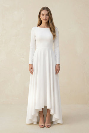 Long Sleeves A Line Satin High Low Wedding Dress in White - KISS BRIDAL Wedding Dresses