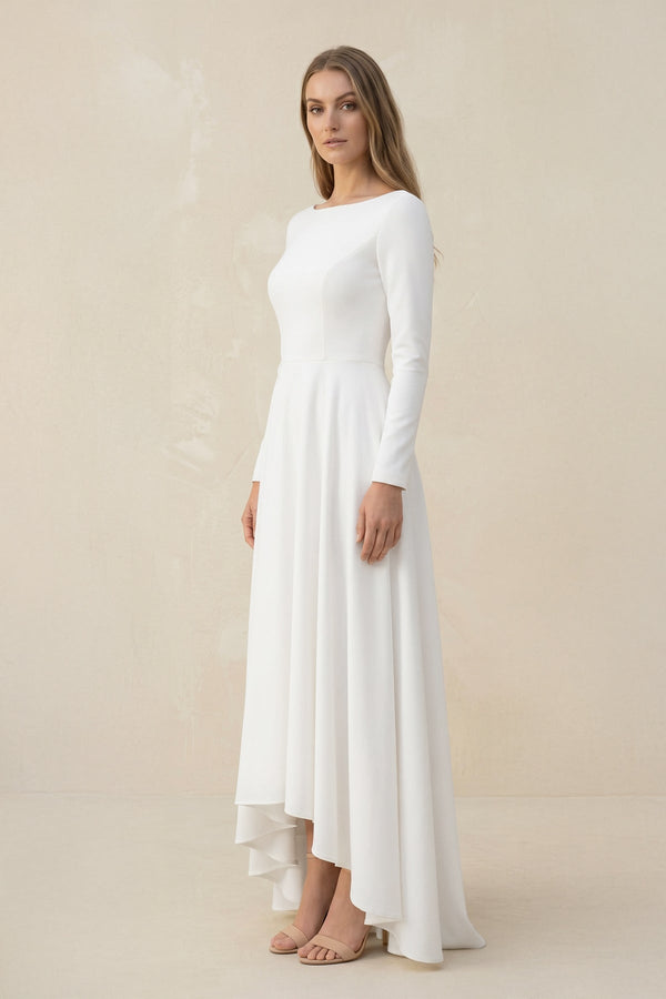 Long Sleeves A Line Satin High Low Wedding Dress in White - KISS BRIDAL Wedding Dresses
