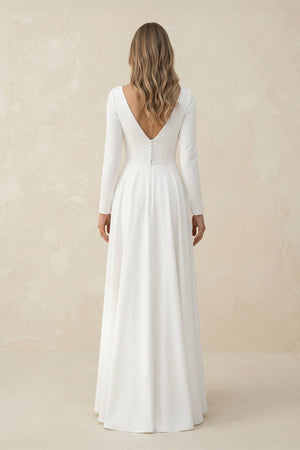 Long Sleeves A Line Satin High Low Wedding Dress in White - KISS BRIDAL Wedding Dresses