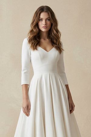 Long Sleeves A Line Satin Wedding Dress in White - KISS BRIDAL Wedding Dresses