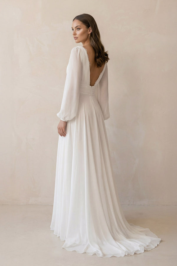 Long Sleeves Chiffon Wedding Dress With Slit in White - KISS BRIDAL Wedding Dresses