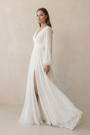 Long Sleeves Chiffon Wedding Dress With Slit in White - KISS BRIDAL Wedding Dresses