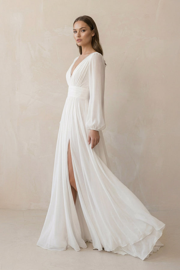 Long Sleeves Chiffon Wedding Dress With Slit in White - KISS BRIDAL Wedding Dresses
