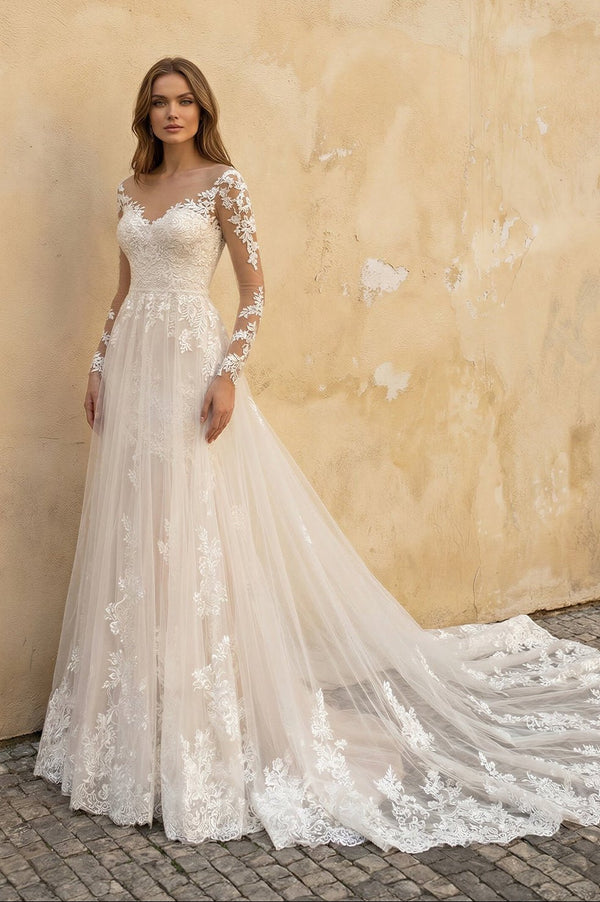Long Sleeves Mermaid Lace Wedding Dress in Ivory - KISS BRIDAL Wedding Dresses