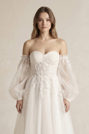 Long Sleeves Tulle A - Line Off - the - Shoulder Wedding Dress in White - KISS BRIDAL Wedding Dresses