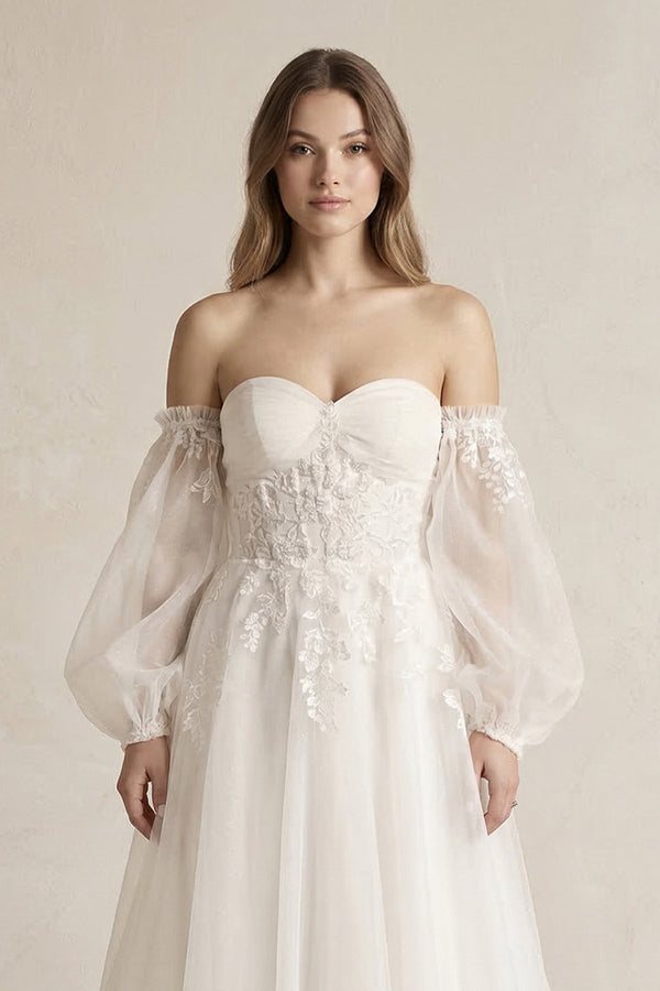 Long Sleeves Tulle A - Line Off - the - Shoulder Wedding Dress in White - KISS BRIDAL Wedding Dresses