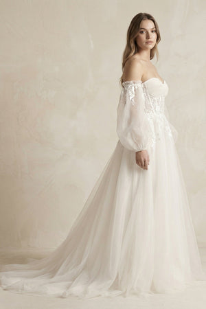 Long Sleeves Tulle A - Line Off - the - Shoulder Wedding Dress in White - KISS BRIDAL Wedding Dresses