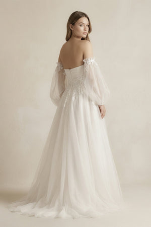 Long Sleeves Tulle A - Line Off - the - Shoulder Wedding Dress in White - KISS BRIDAL Wedding Dresses