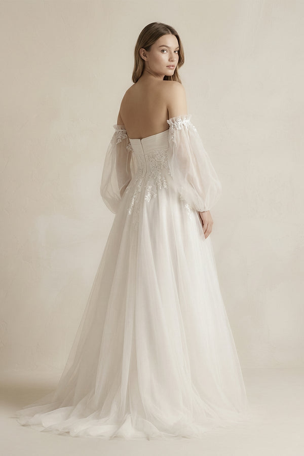 Long Sleeves Tulle A - Line Off - the - Shoulder Wedding Dress in White - KISS BRIDAL Wedding Dresses