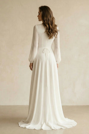 Long Sleeves V - Neck Chiffon A - Line Wedding Dress in White - KISS BRIDAL Wedding Dresses
