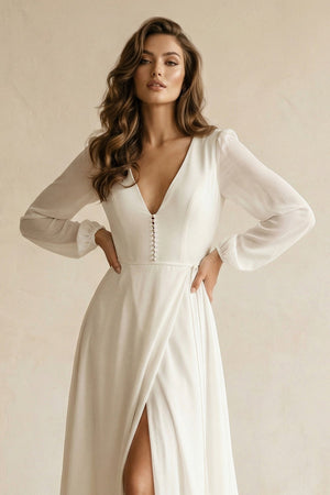 Long Sleeves V - Neck Chiffon A - Line Wedding Dress in White - KISS BRIDAL Wedding Dresses