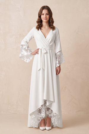 Long Sleeves V Neck Lace Wedding Dress in White - KISS BRIDAL Wedding Dresses