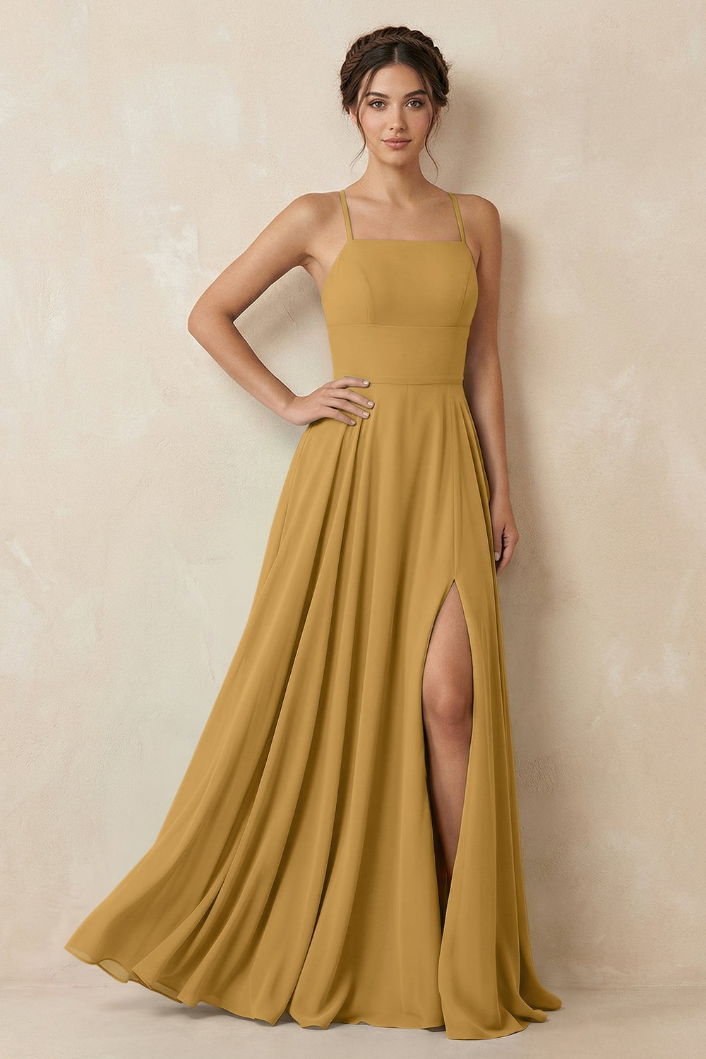 A-Line Chiffon Bridesmaid Dress With Slit in Marigold