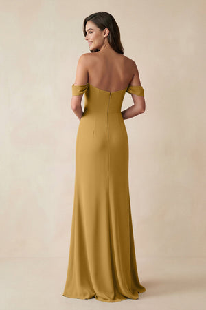 Marigold Off-the-Shoulder Sheath Bridesmaid Dress with Slit (2) | KISSBRIDAL