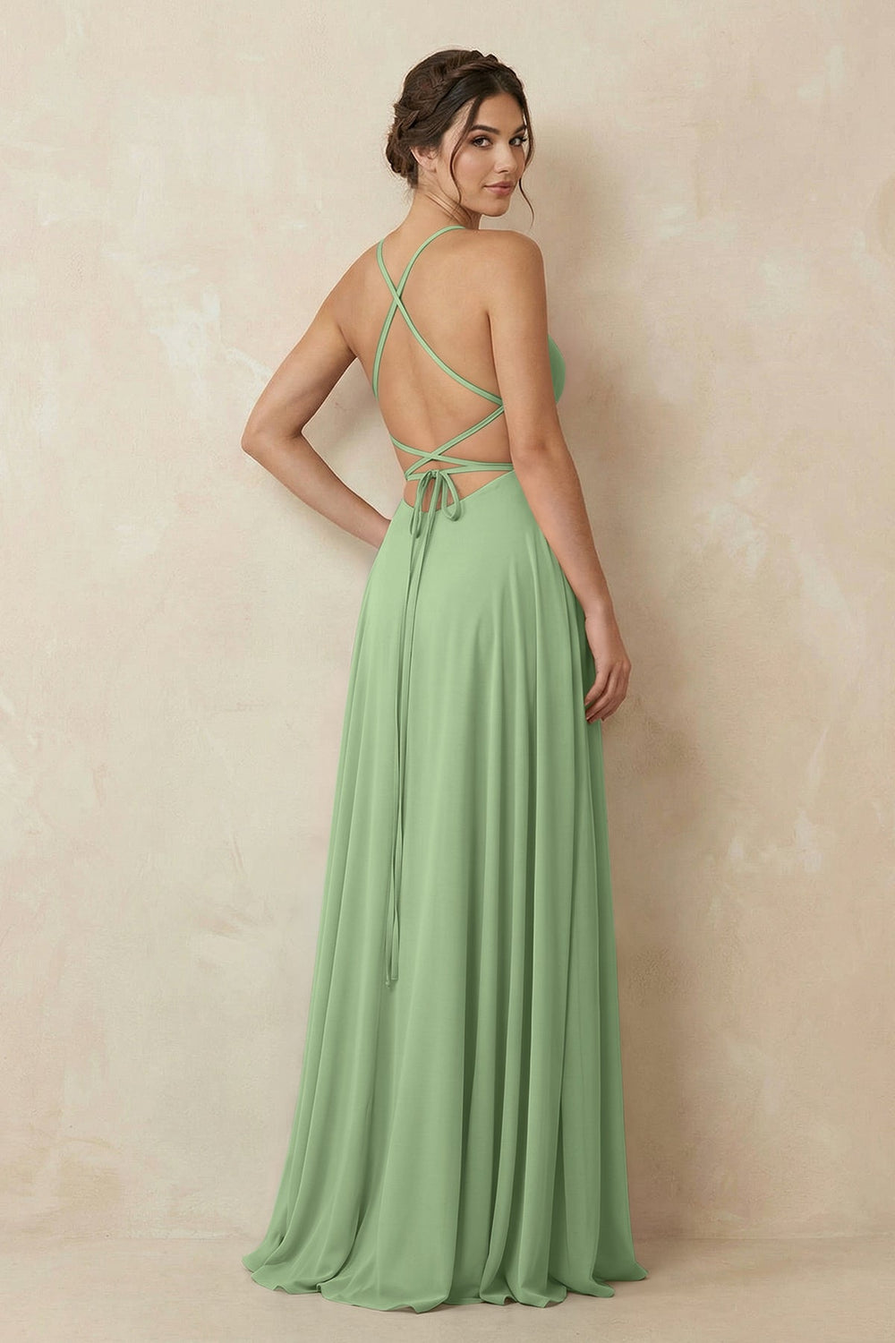 A-Line Chiffon Bridesmaid Dress With Slit in Matcha