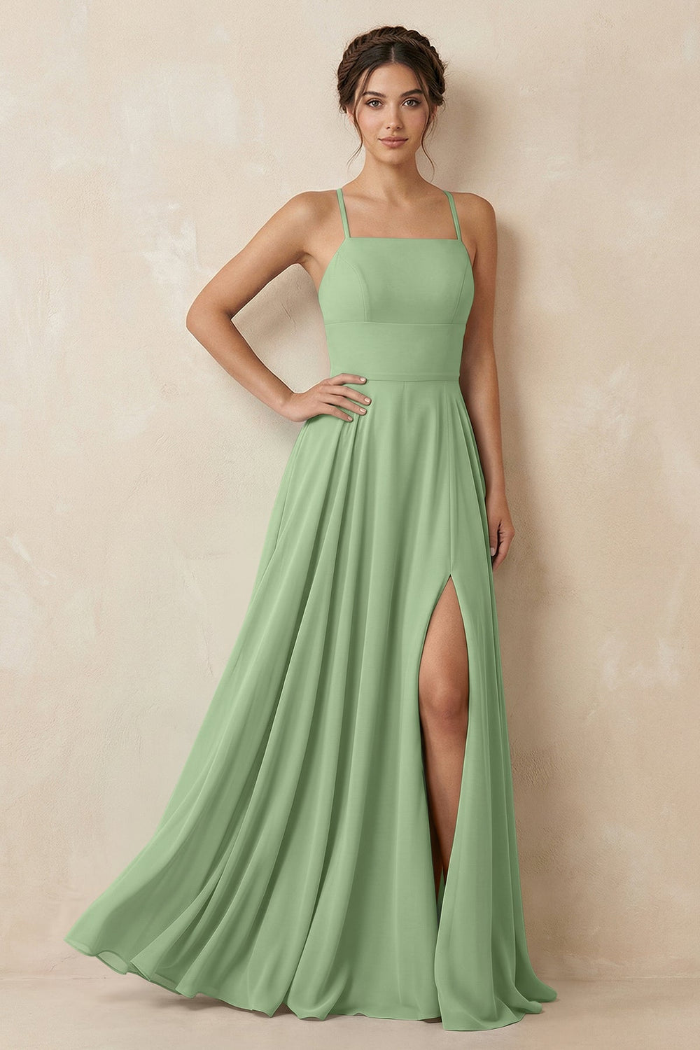 A-Line Chiffon Bridesmaid Dress With Slit in Matcha