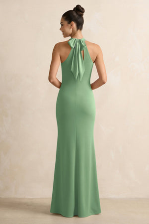 Matcha Crisscross Halter Sheath Satin Bridesmaid Dress with Bow (2) | KISSBRIDAL