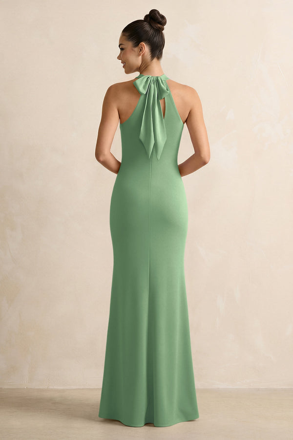 Matcha Crisscross Halter Sheath Satin Bridesmaid Dress with Bow (2) | KISSBRIDAL