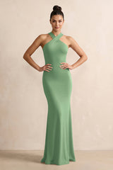 Matcha Crisscross Halter Sheath Satin Bridesmaid Dress with Bow | KISSBRIDAL