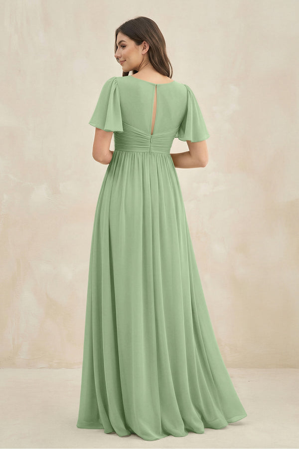 Matcha Short Sleeve Chiffon V-Neck A-Line Bridesmaid Dress (2) | KISSBRIDAL