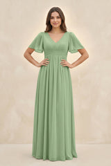 Matcha Short Sleeve Chiffon V-Neck A-Line Bridesmaid Dress | KISSBRIDAL