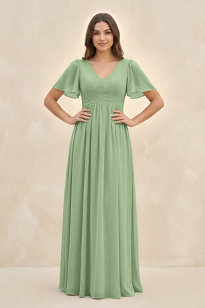 Matcha Short Sleeve Chiffon V-Neck A-Line Bridesmaid Dress | KISSBRIDAL