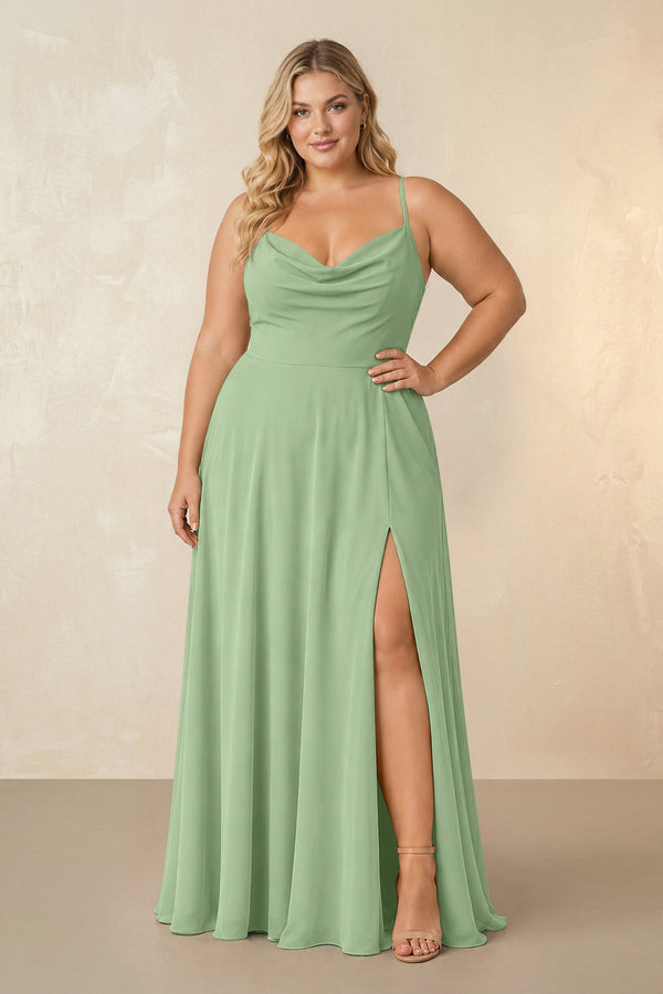 Matcha Spaghetti Straps Chiffon A-Line Bridesmaid Dress [sizeplus] | KISSBRIDAL