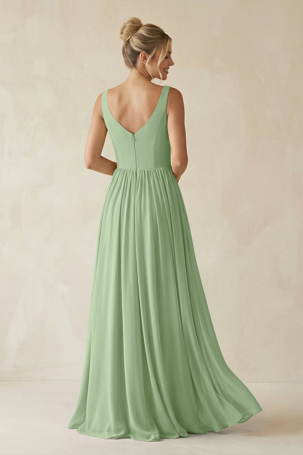 V-Neck Chiffon A-Line Long Bridesmaid Dress in Matcha