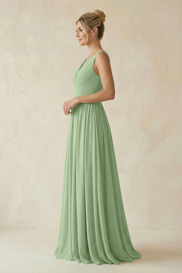 Matcha V-Neck Chiffon A-Line Long Bridesmaid Dress (3) | KISSBRIDAL