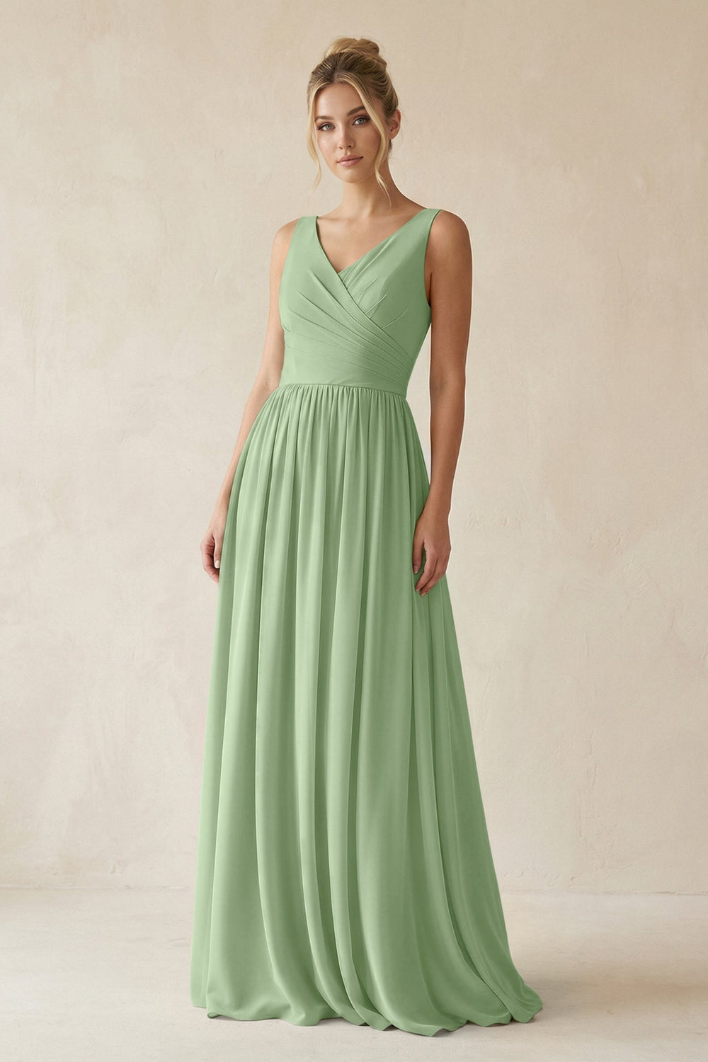V-Neck Chiffon A-Line Long Bridesmaid Dress in Matcha