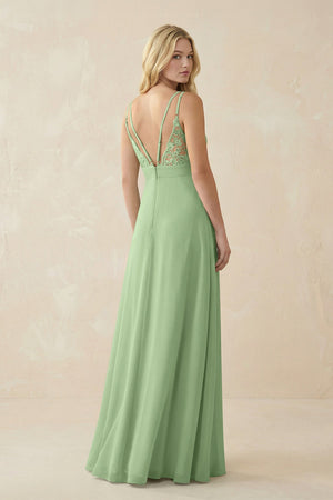 Matcha V-Neck Ruched Chiffon Bridesmaid Dress with Slit (2) | KISSBRIDAL