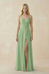 Matcha V-Neck Ruched Chiffon Bridesmaid Dress with Slit | KISSBRIDAL