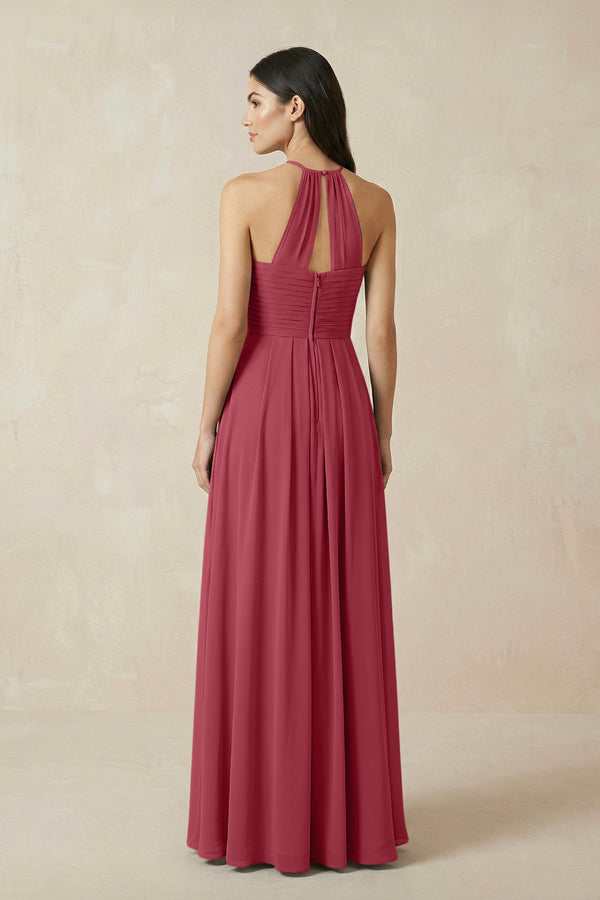 Merlot A-Line Halter Neck Pleated Chiffon Bridesmaid Dress (2) | KISSBRIDAL