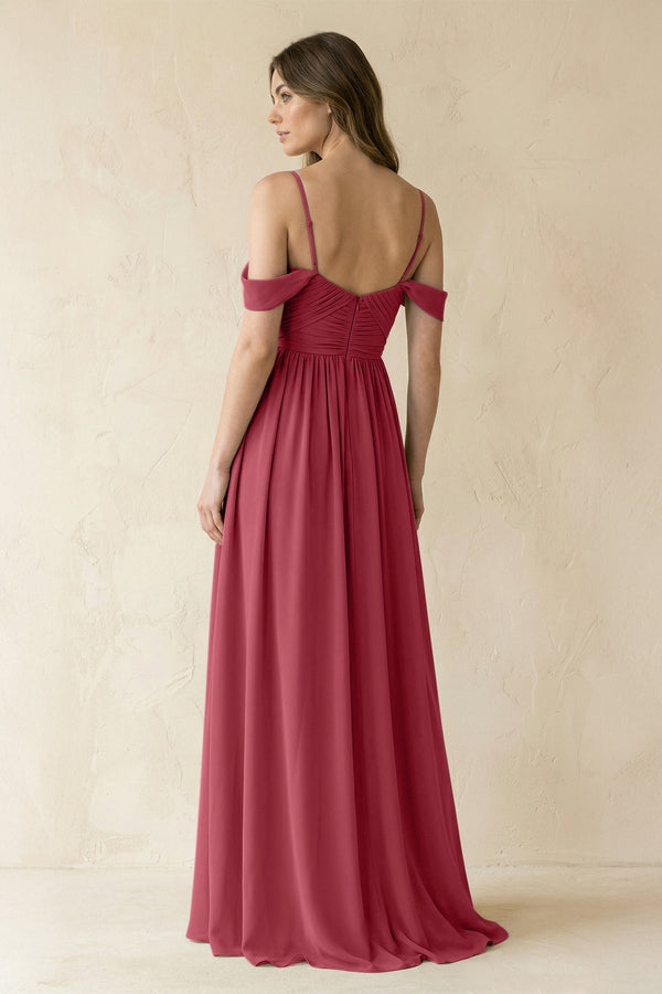 Merlot A-Line Off-the-Shoulder Pleated Chiffon Bridesmaid Dress (2) | KISSBRIDAL