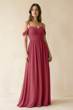 Merlot A-Line Off-the-Shoulder Pleated Chiffon Bridesmaid Dress | KISSBRIDAL