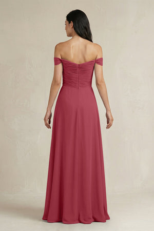 Merlot A-Line Pleated Off-the-Shoulder Chiffon Bridesmaid Dress (2) | KISSBRIDAL
