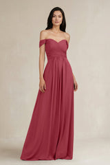 Merlot A-Line Pleated Off-the-Shoulder Chiffon Bridesmaid Dress | KISSBRIDAL