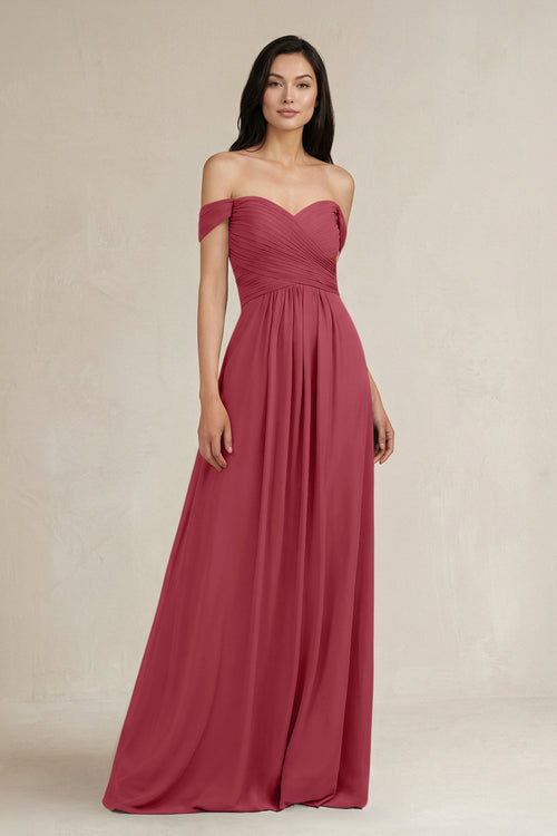 Merlot A-Line Pleated Off-the-Shoulder Chiffon Bridesmaid Dress | KISSBRIDAL