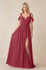 Merlot Chiffon A-Line Bridesmaid Dress with Slit | KISSBRIDAL