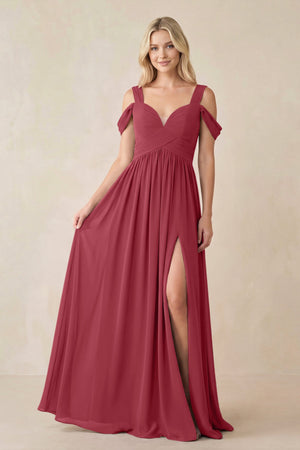 Merlot Chiffon A-Line Bridesmaid Dress with Slit | KISSBRIDAL