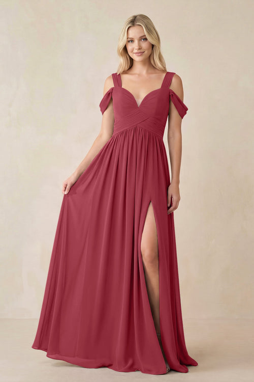 Merlot Chiffon A-Line Bridesmaid Dress with Slit | KISSBRIDAL