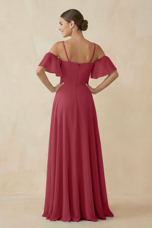 Merlot Off-the-Shoulder A-Line Chiffon Bridesmaid Dress (2) | KISSBRIDAL