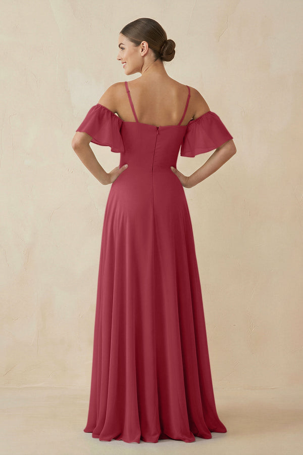 Merlot Off-the-Shoulder A-Line Chiffon Bridesmaid Dress (2) | KISSBRIDAL