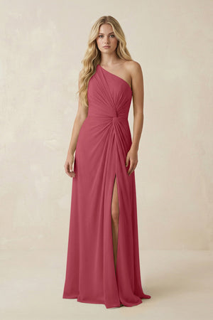 Merlot One-Shoulder Ruched A-Line Chiffon Bridesmaid Dress | KISSBRIDAL
