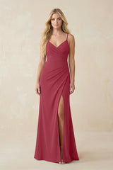 Merlot Ruched Sheath Spaghetti Strap Chiffon Bridesmaid Dress | KISSBRIDAL