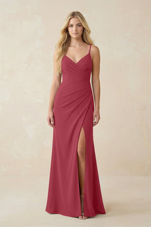 Merlot Ruched Sheath Spaghetti Strap Chiffon Bridesmaid Dress | KISSBRIDAL