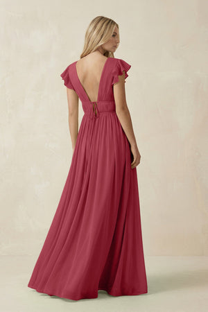 Merlot V-Neck A-Line Chiffon Cap Sleeves Bridesmaid Dress (2) | KISSBRIDAL