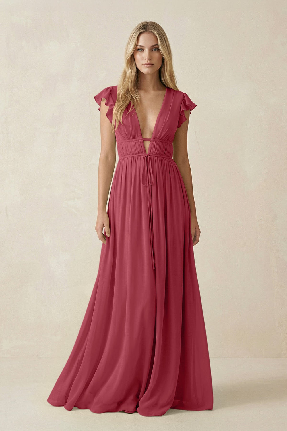 V-Neck A-Line Chiffon Cap Sleeves Bridesmaid Dress in Merlot
