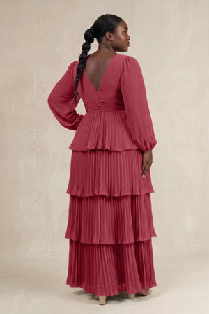 Merlot V-Neck Tiered A-Line Long Sleeve Bridesmaid Dress (2) [sizeplus] | KISSBRIDAL