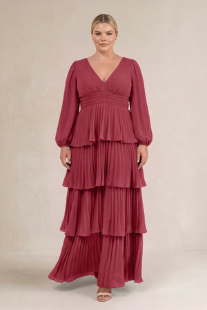 Merlot V-Neck Tiered A-Line Long Sleeve Bridesmaid Dress (3) [sizeplus] | KISSBRIDAL